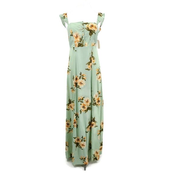 New Flynn Skye Bardot Maxi Dress Womens M Mint Gatherings Slit Rayon Green Flora - Picture 1 of 7